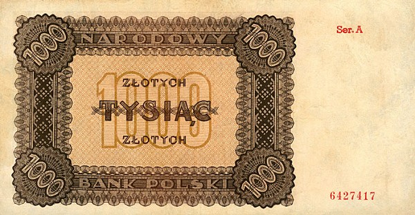 Banknoty Monety Numizmatyka Filatelistyka - PolandP120-1000Zlotych-1945-donatedtj_b.jpg